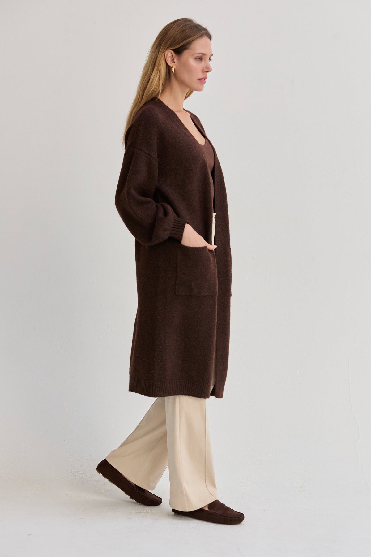 Elena Long Cardigan with Balloon Sleeves Dark Brown 8