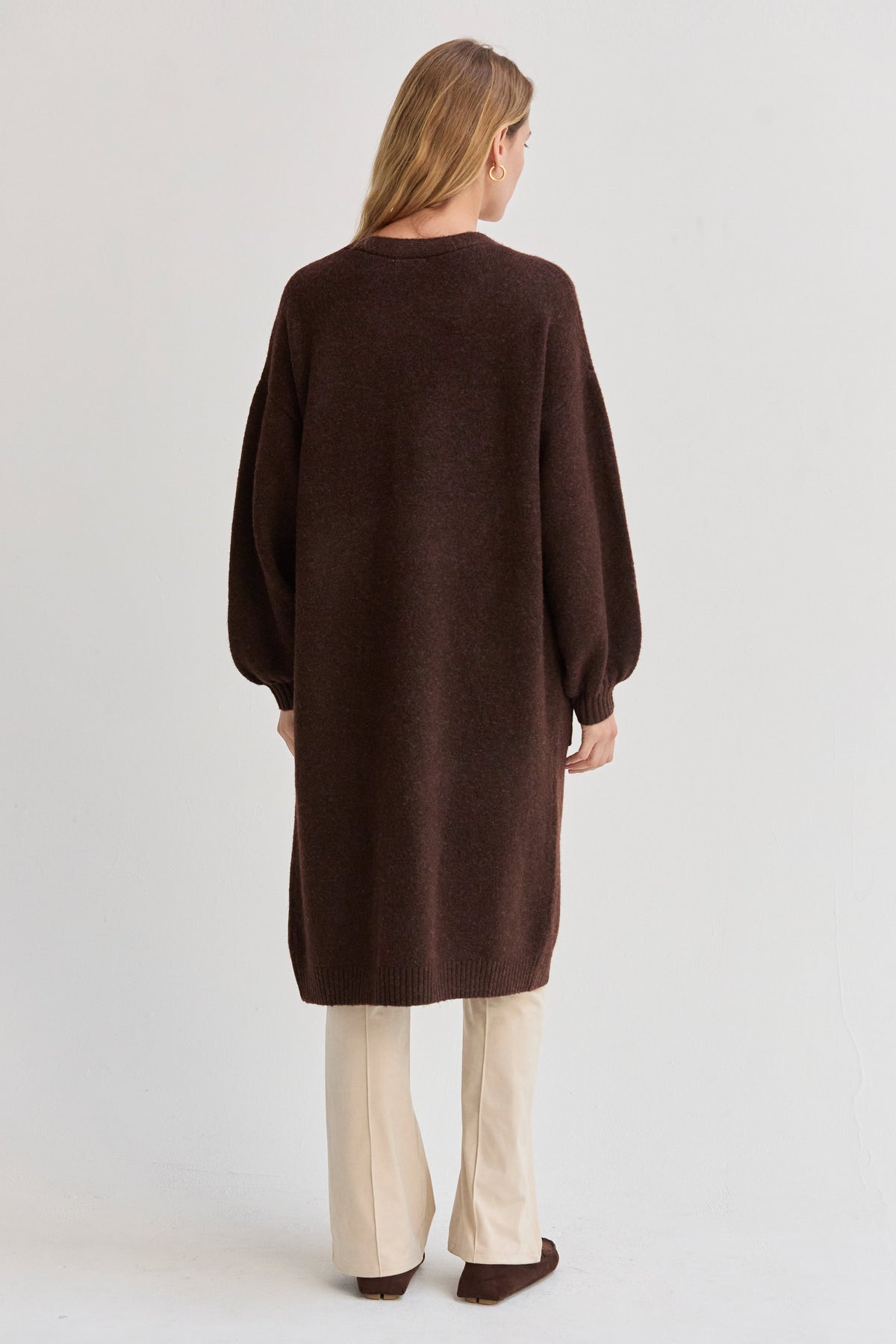 Elena Long Cardigan with Balloon Sleeves Dark Brown 10