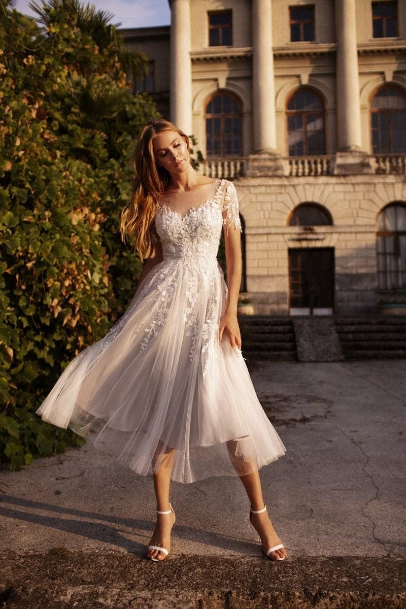 Cecilia Lace Tea-Length Dress Line Tea Length Lace Tulle Wedding Dress CW3427 3