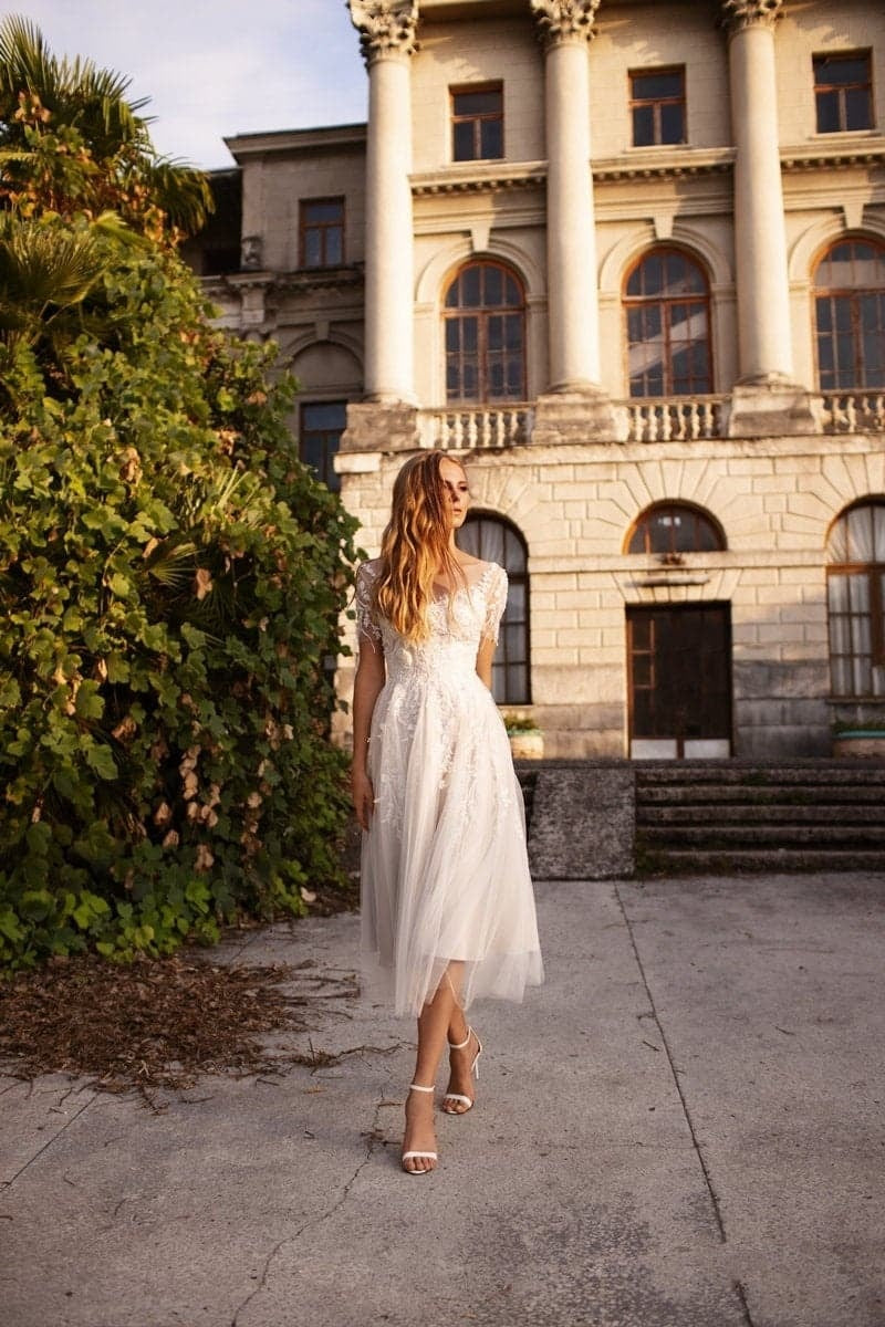 Cecilia Lace Tea-Length Dress Line Tea Length Lace Tulle Wedding Dress CW3427 5