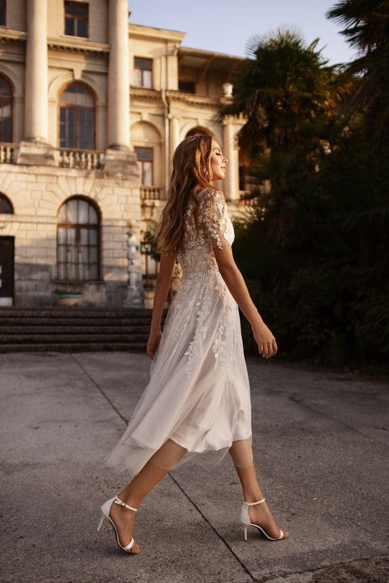 Cecilia Lace Tea-Length Dress Line Tea Length Lace Tulle Wedding Dress CW3427 6
