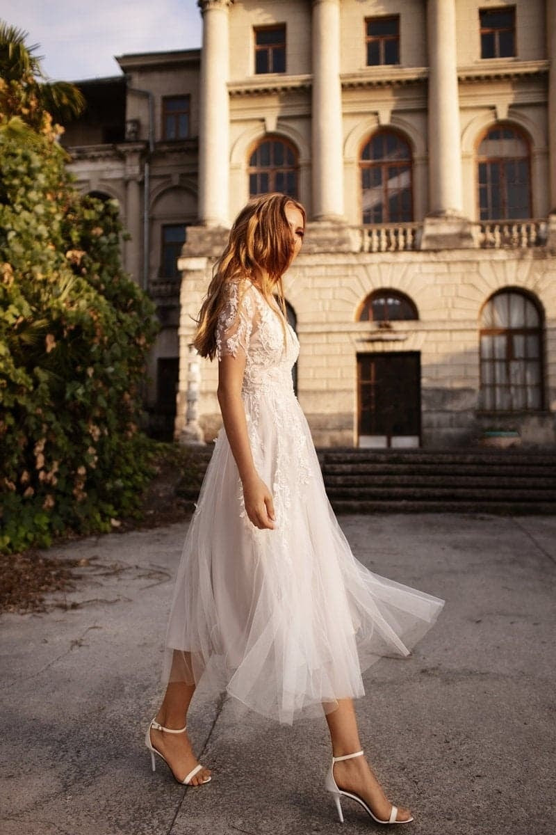 Cecilia Lace Tea-Length Dress Line Tea Length Lace Tulle Wedding Dress CW3427 4