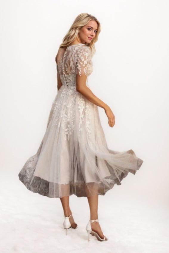 Cecilia Lace Tea-Length Dress Line Tea Length Lace Tulle Wedding Dress CW3427 2