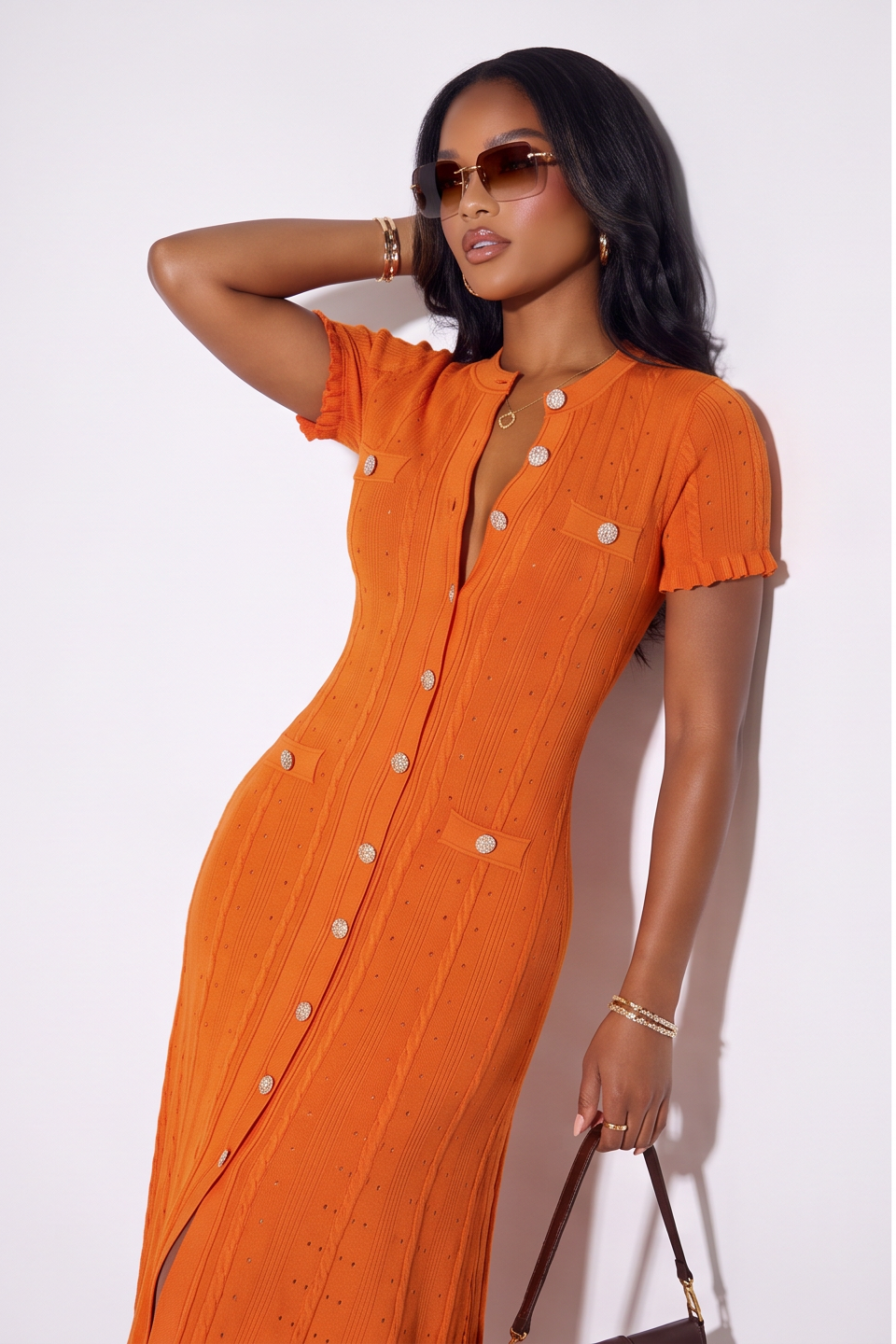 Candice Button-Front Pointelle Maxi Dress Hot Pink 8