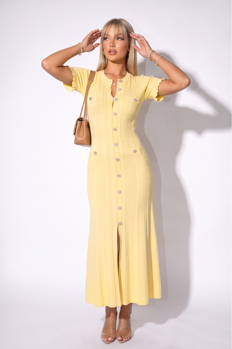 Candice Button-Front Pointelle Maxi Dress Yellow 9