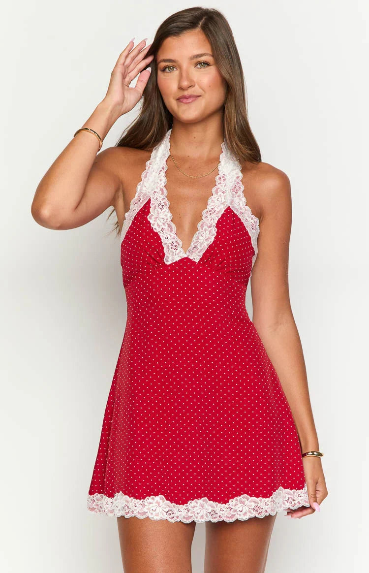 Cassidy Polka Dot Mini Dress in Burgundy 2