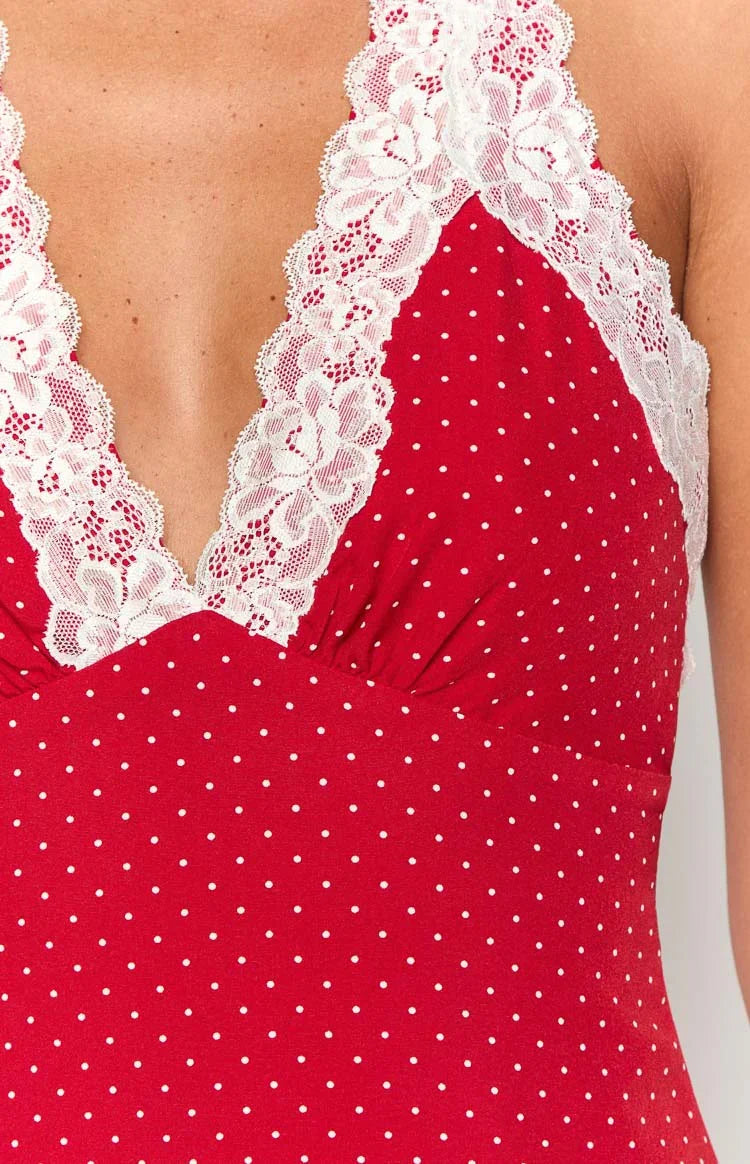 Cassidy Polka Dot Mini Dress in Burgundy 6