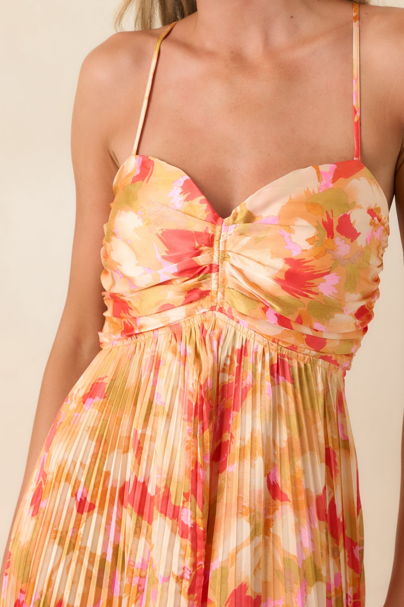 Arabella Painted Satin Maxi Dress Sunshine Peach & Red Multi Satin Finish Pleated Maxi Dress 2