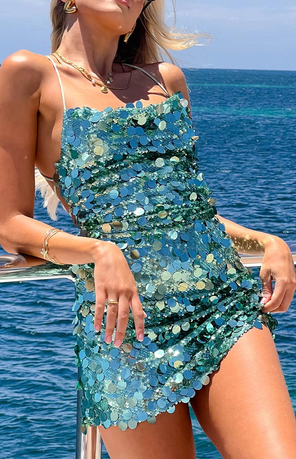 Vivienne Sequin Mini Dress in Aqua