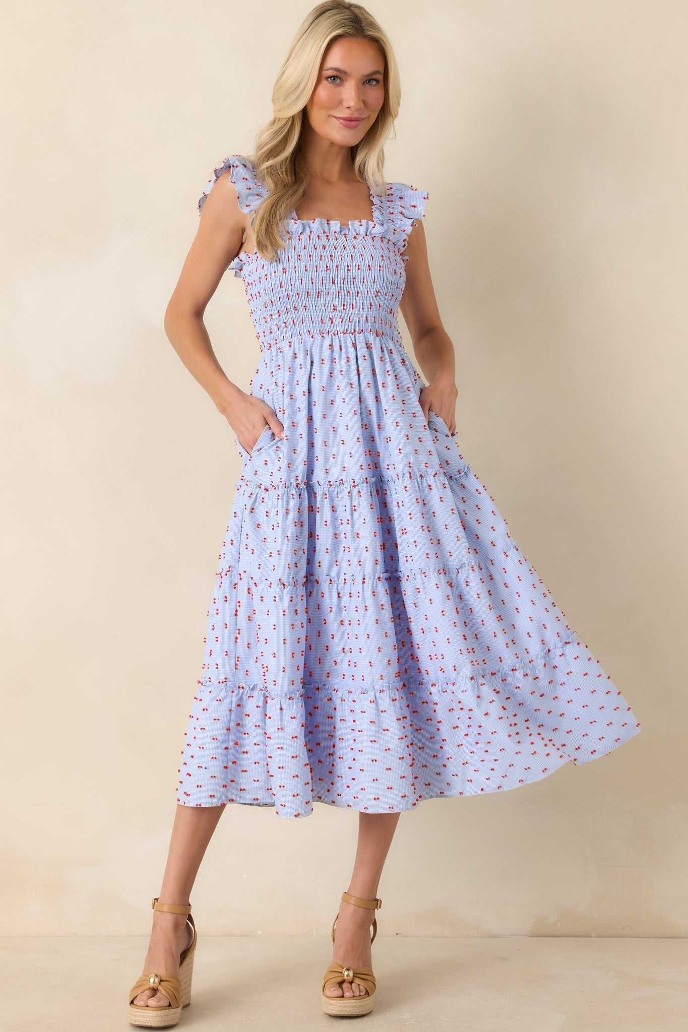 Prosperina Gingham Embroidered Midi Dress Blue 4