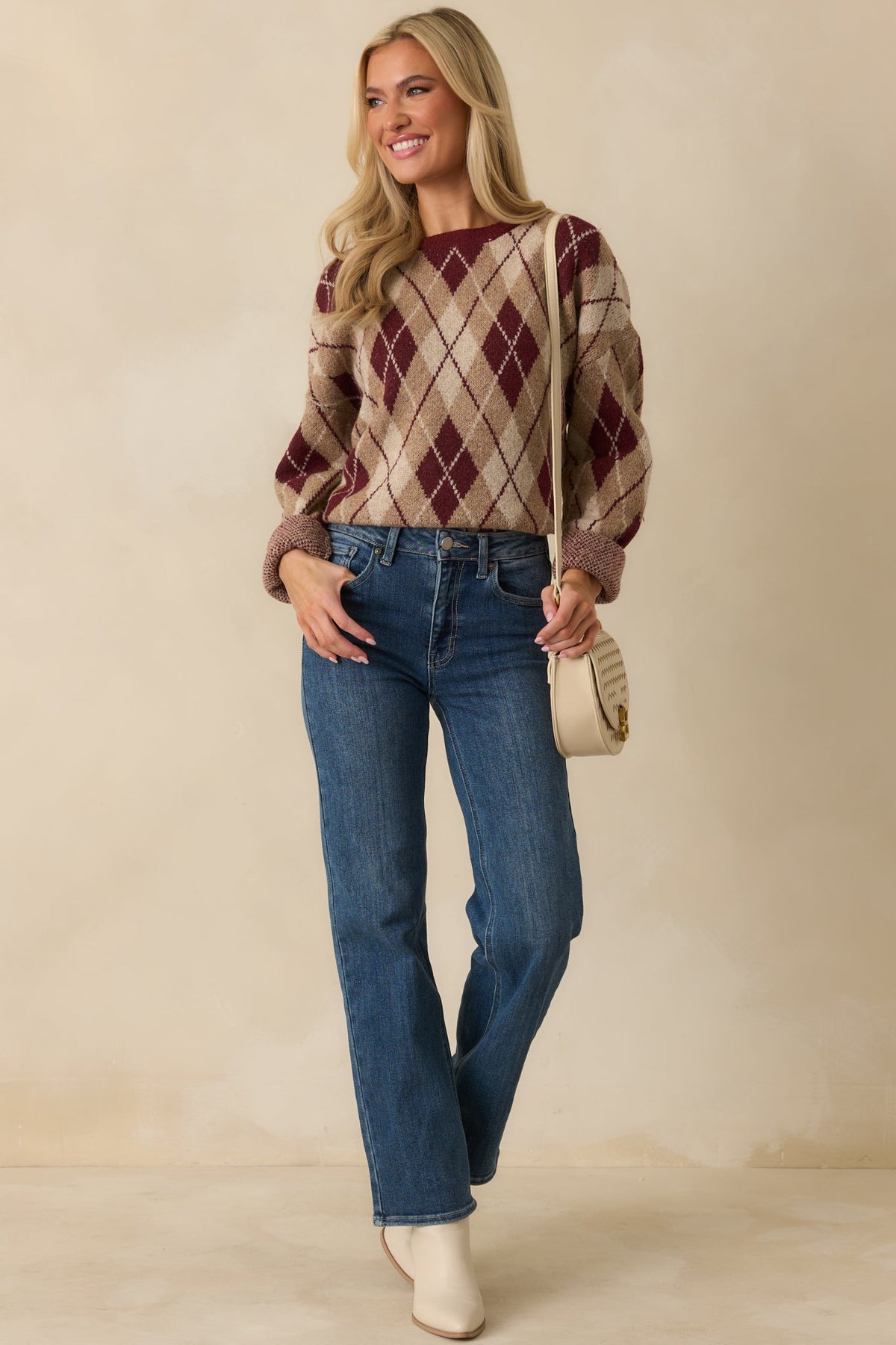 Margot Knit Sweater in Burgundy Argyle Multi 5