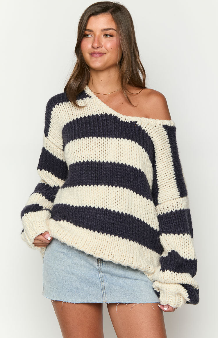 Delvey Navy Striped Knit Sweater Navy 10