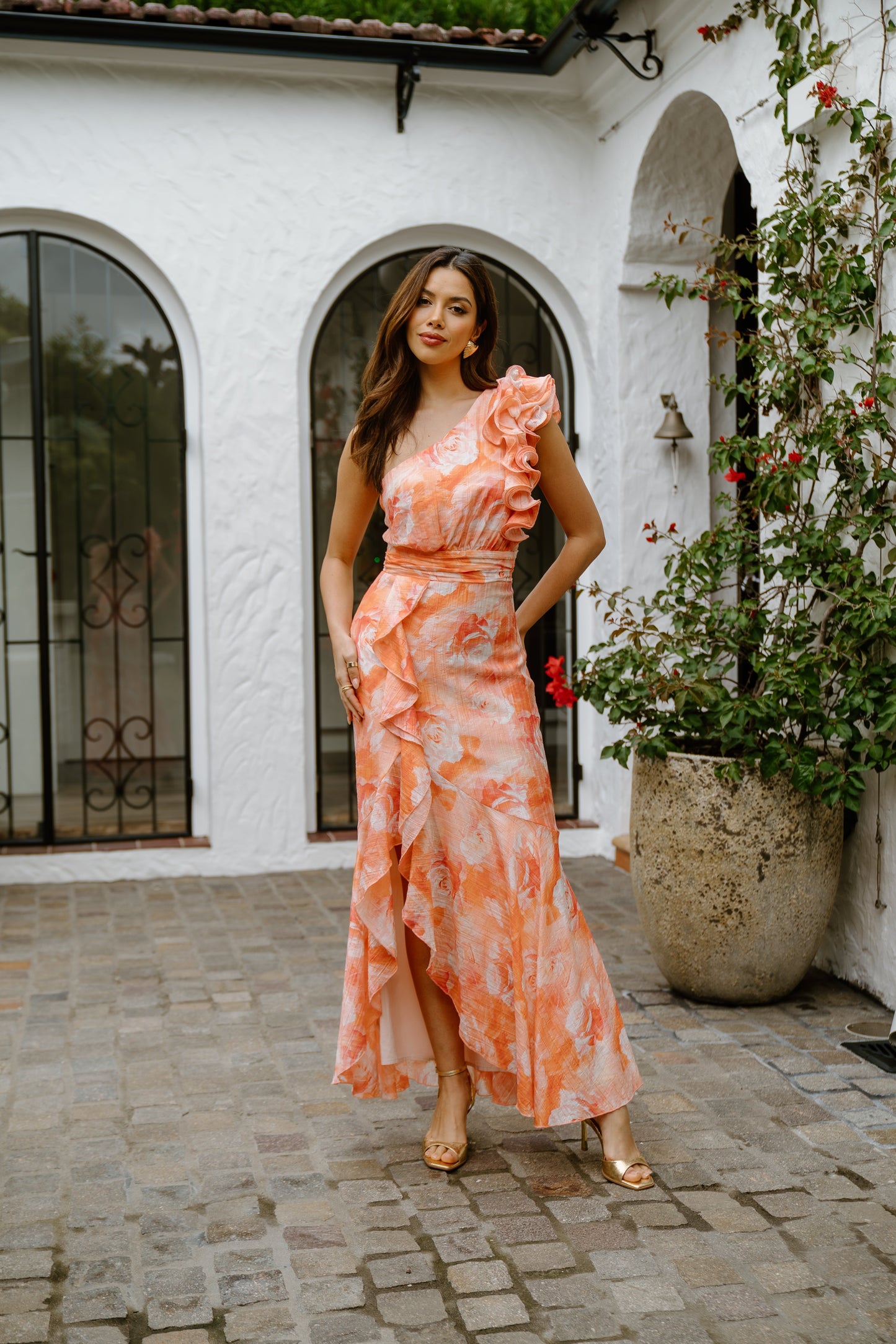 Dominique Pink One-Shoulder Ruffle Maxi Dress Shoulder Ruffle Maxi Dress 1