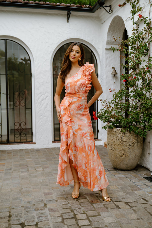 Dominique Pink One-Shoulder Ruffle Maxi Dress Shoulder Ruffle Maxi Dress 1