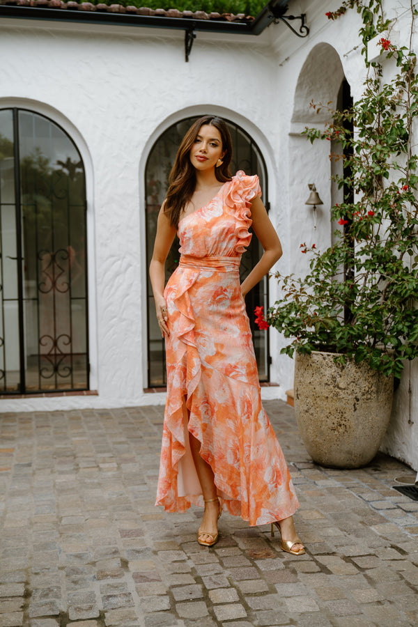 Dominique Pink One-Shoulder Ruffle Maxi Dress