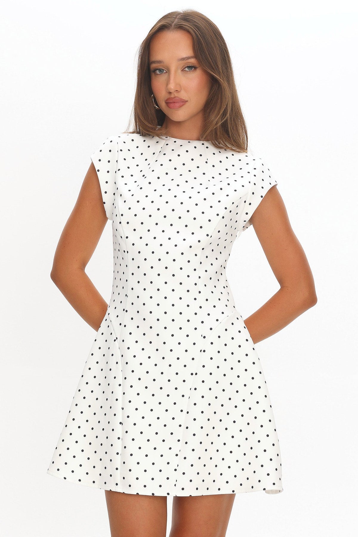 Arabella Cap Sleeve Mini Dress in Ivory Polka Dot White 1