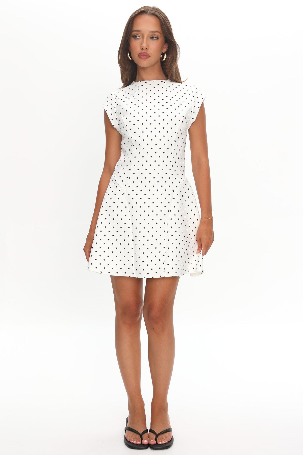 Arabella Cap Sleeve Mini Dress in Ivory Polka Dot White 2
