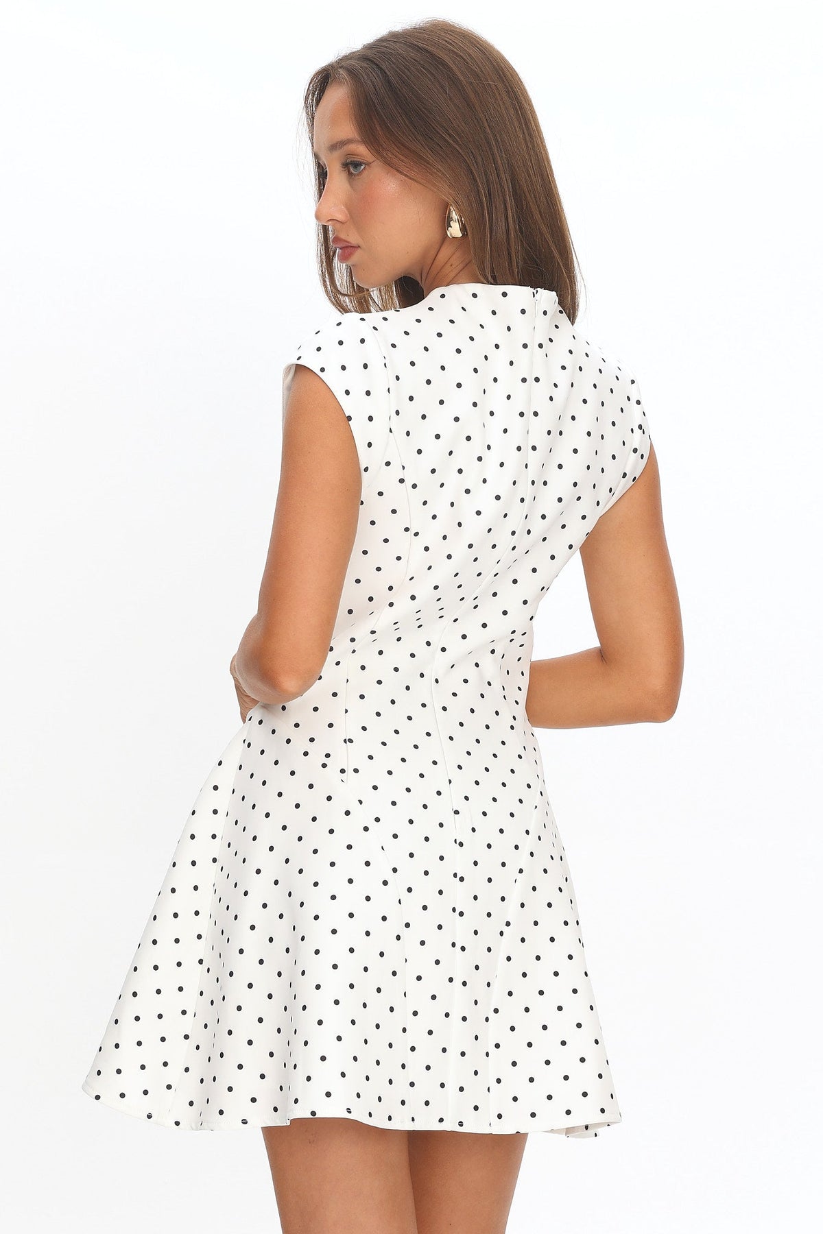 Arabella Cap Sleeve Mini Dress in Ivory Polka Dot White 3