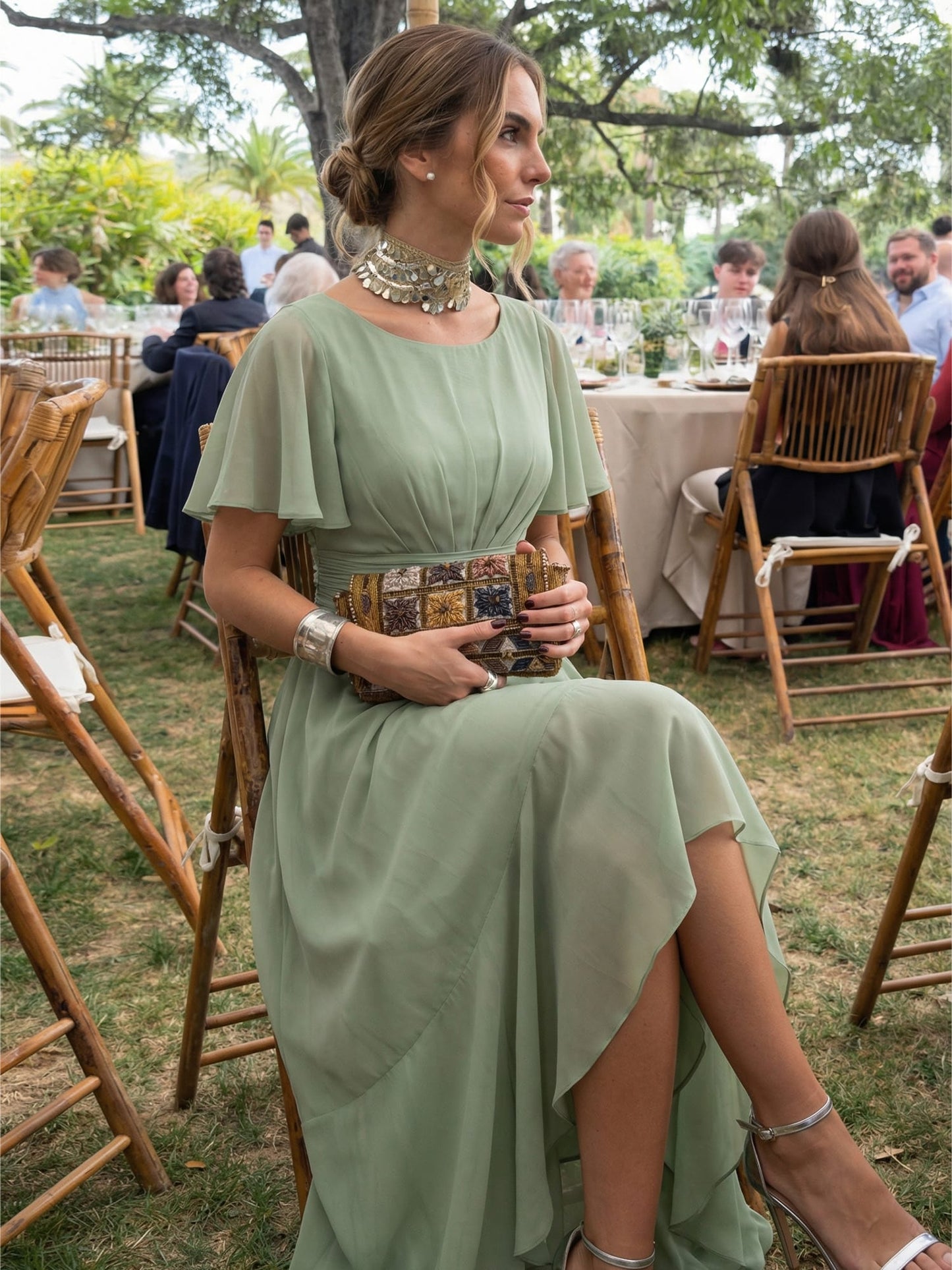 Ever Sage Chiffon Ruffle Sleeve Dress Eucalyptus Green 3