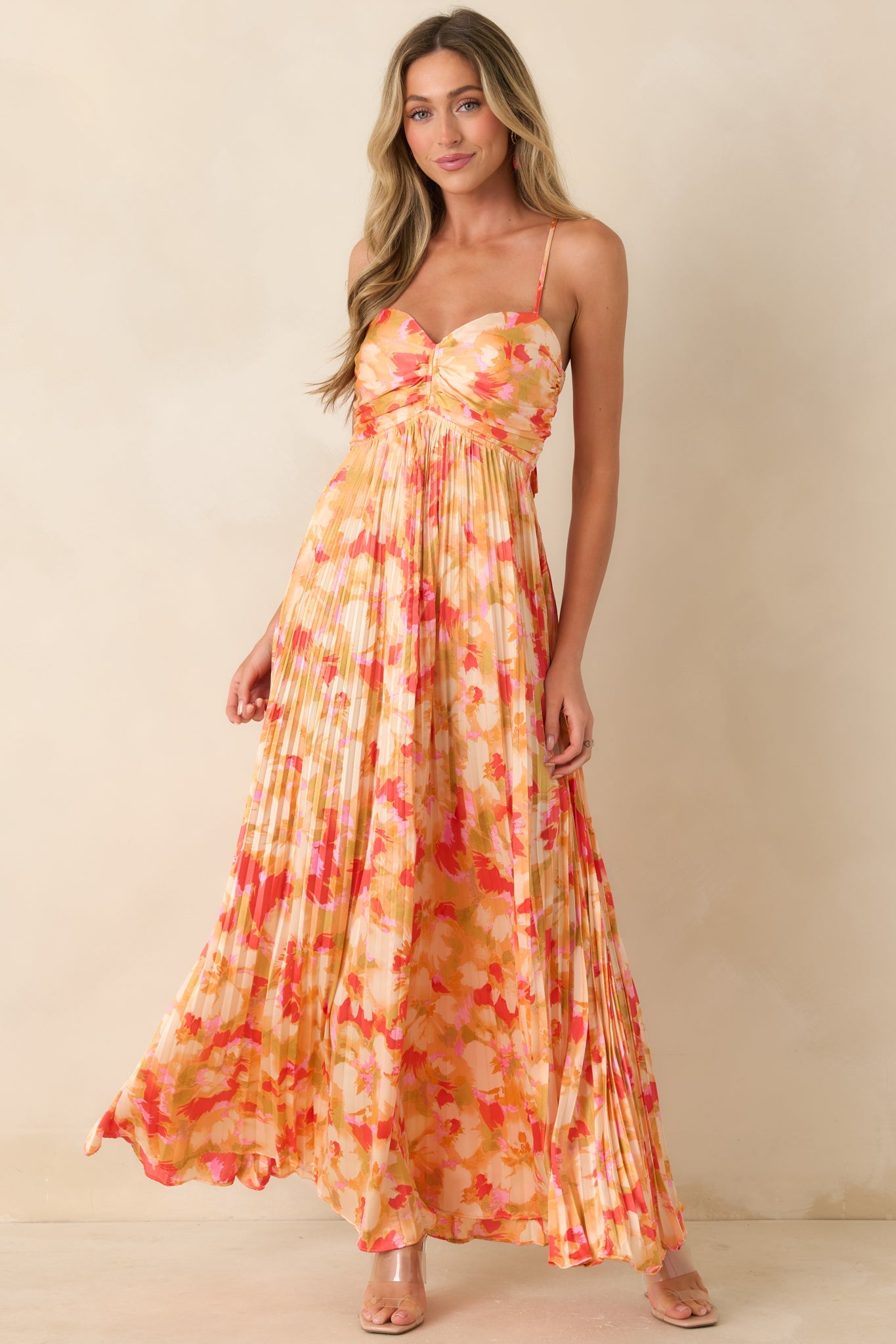 Arabella Painted Satin Maxi Dress Sunshine Peach & Red Multi Satin Finish Pleated Maxi Dress 5