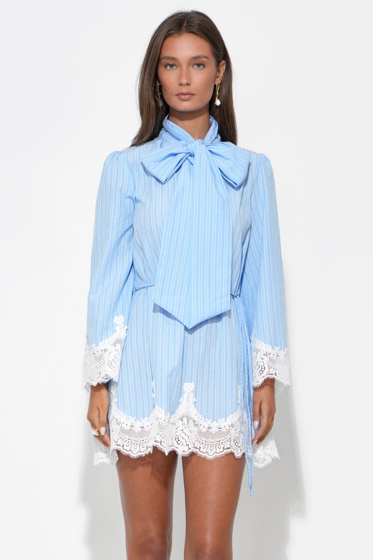 Isabelle Tie-Neck Striped Lace Mini Dress LIGHT BLUE/WHITE 4