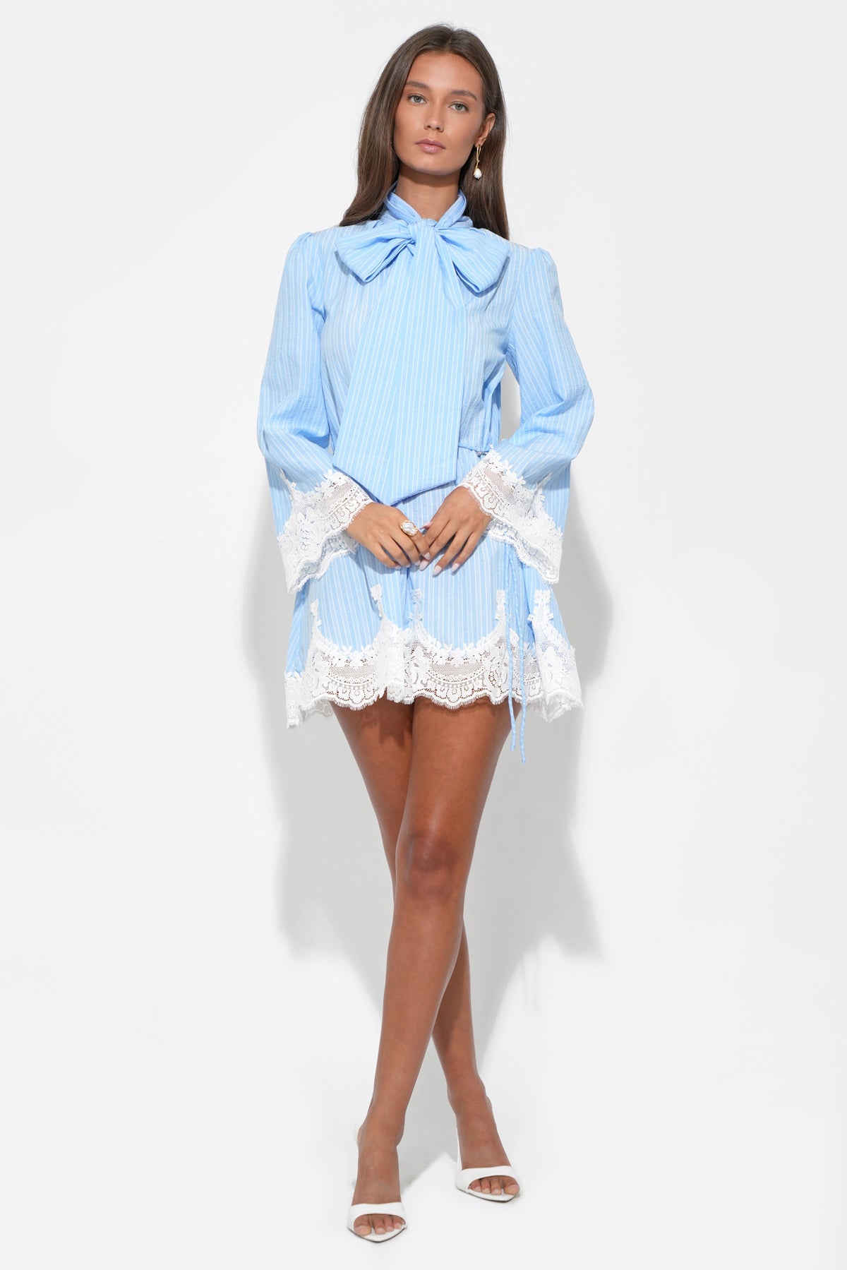 Isabelle Tie-Neck Striped Lace Mini Dress LIGHT BLUE/WHITE 5