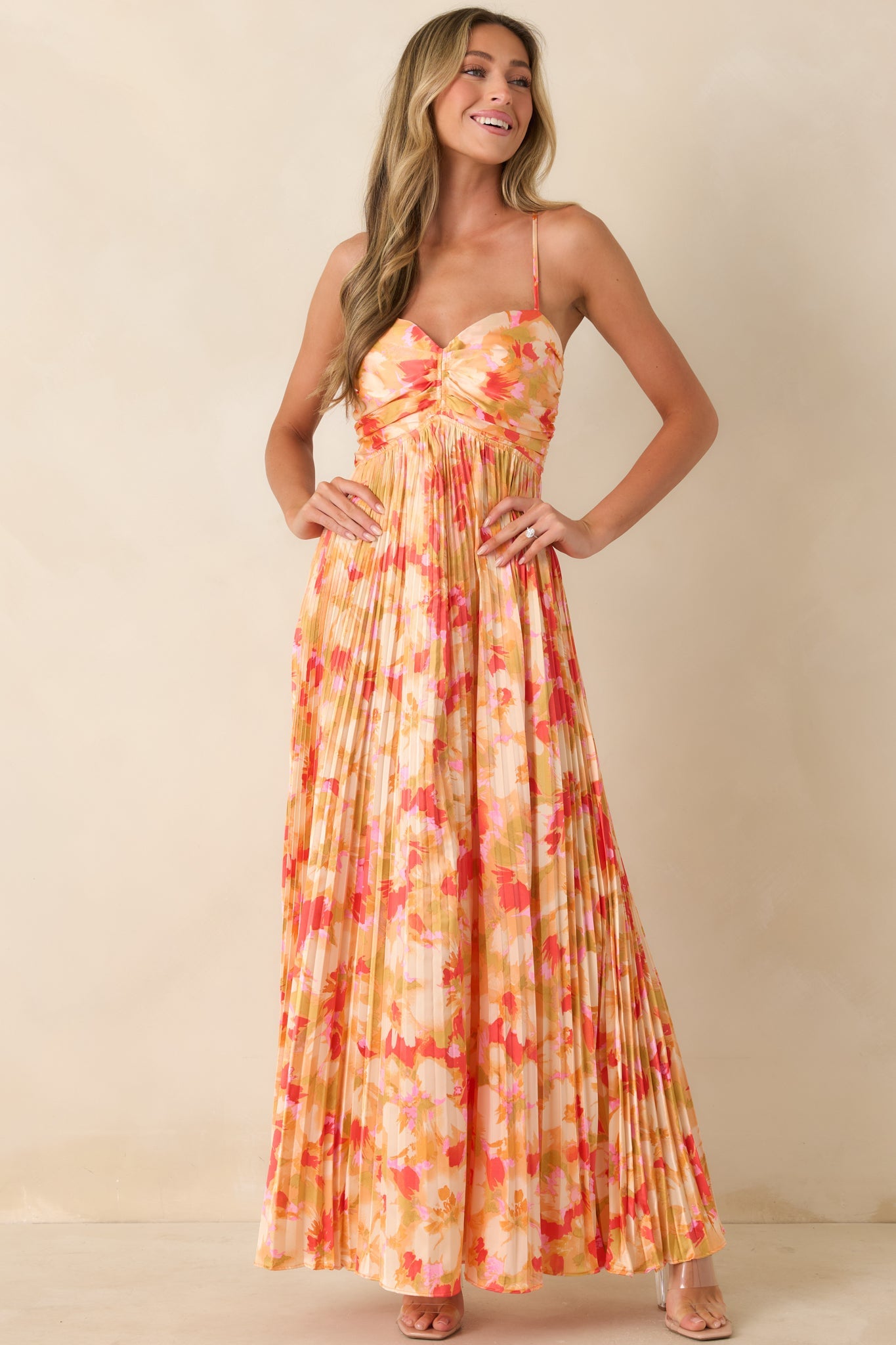 Arabella Painted Satin Maxi Dress Sunshine Peach & Red Multi Satin Finish Pleated Maxi Dress 3