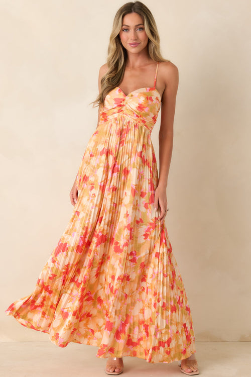 Arabella Painted Satin Maxi Dress Sunshine Peach & Red Multi Satin Finish Pleated Maxi Dress 1