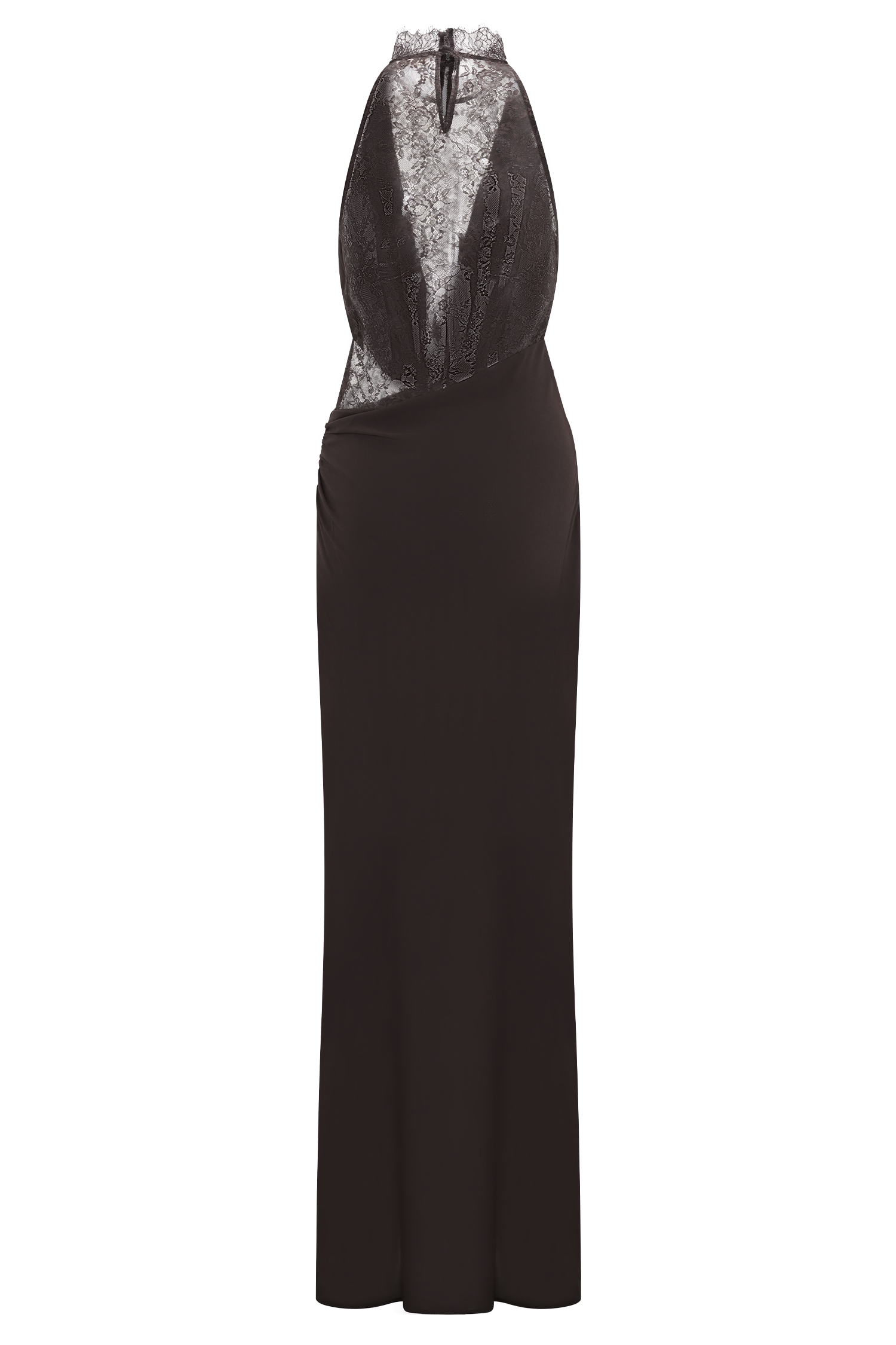 Arra Chiffon & Lace Halter Maxi Dress in Plum Cacao Brown 8