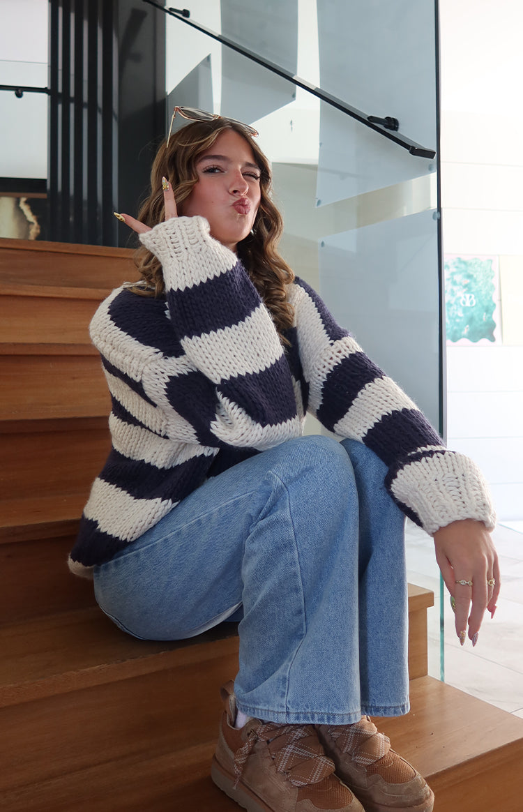 Delvey Navy Striped Knit Sweater Navy 4