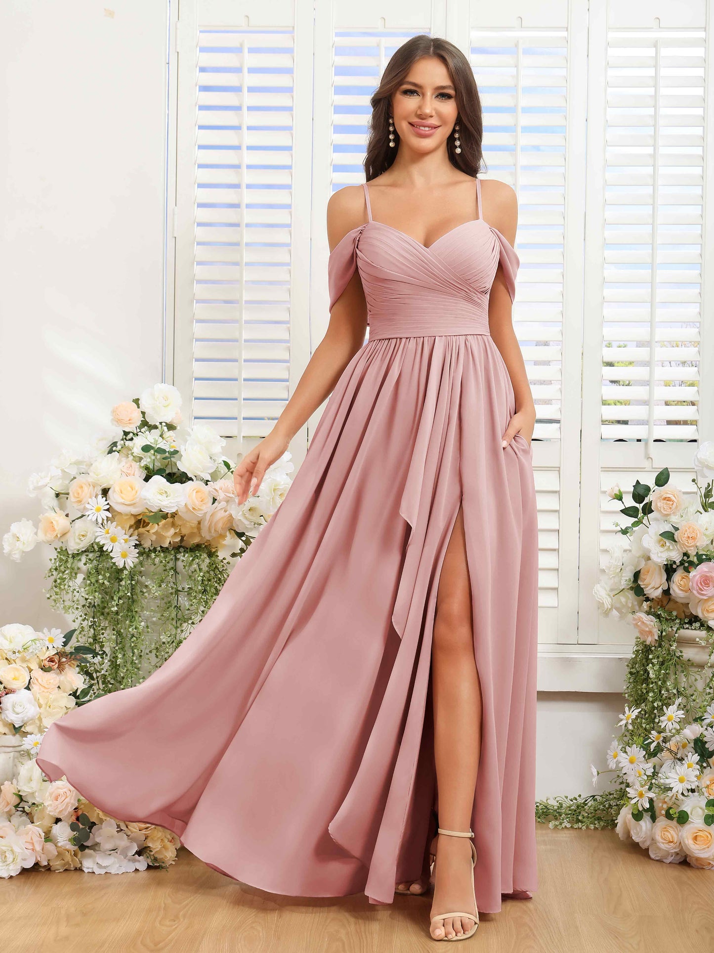Greer Pleated Chiffon Midi Dress in Emerald Dusty Rose 4