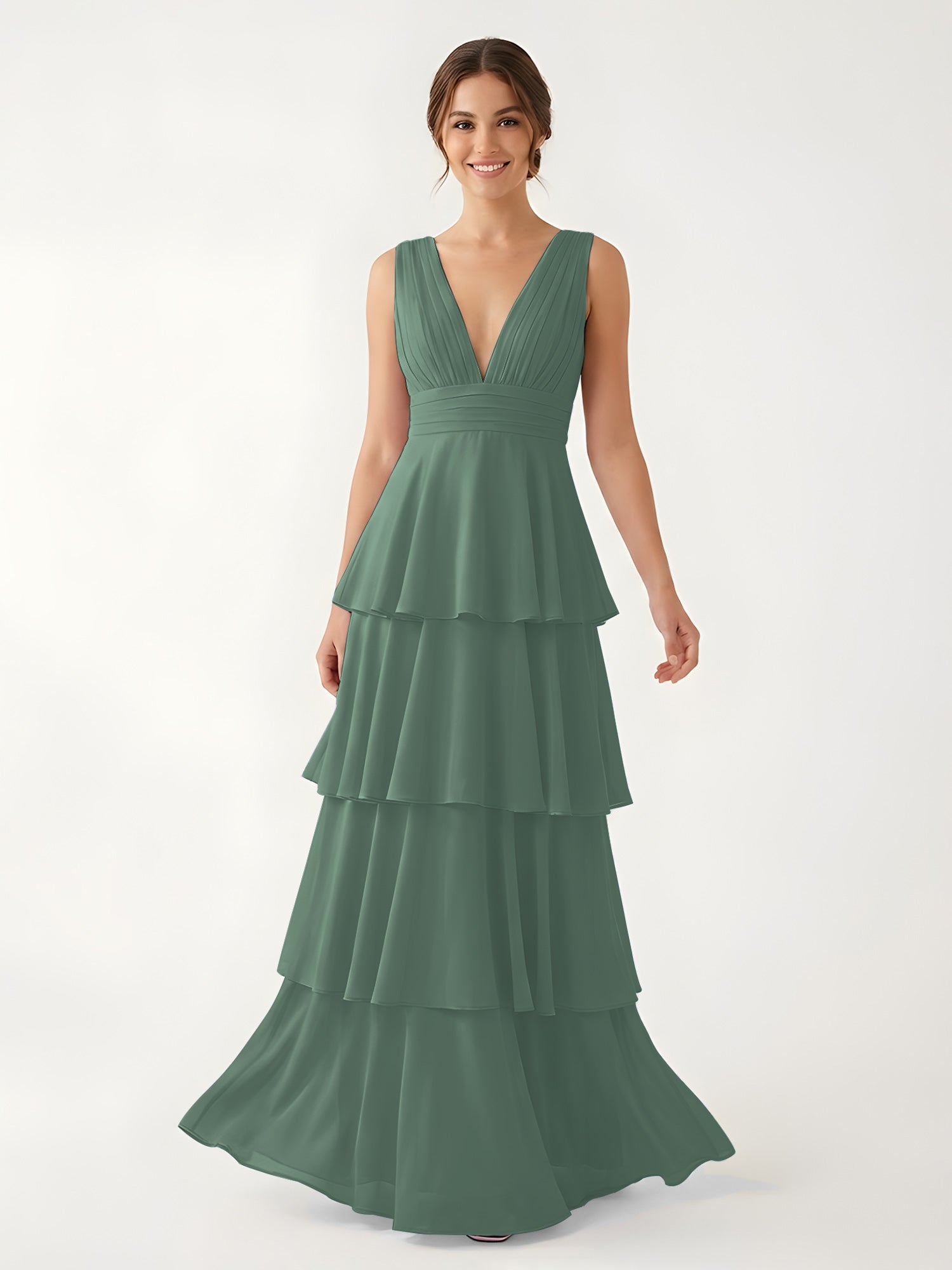 Isabelle Chiffon A-Line Dress in Rust Neckline Eucalyptus 1