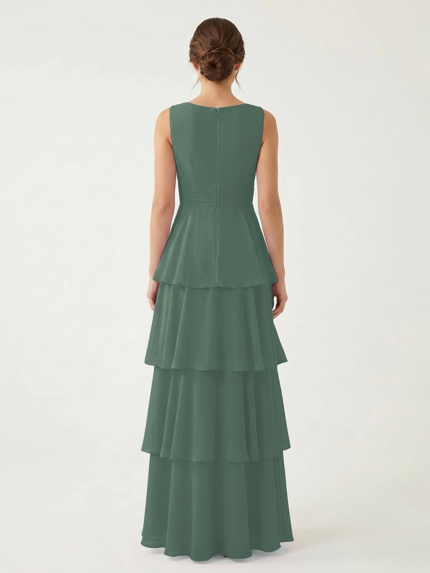 Isabelle Chiffon A-Line Dress in Rust Neckline Eucalyptus 2