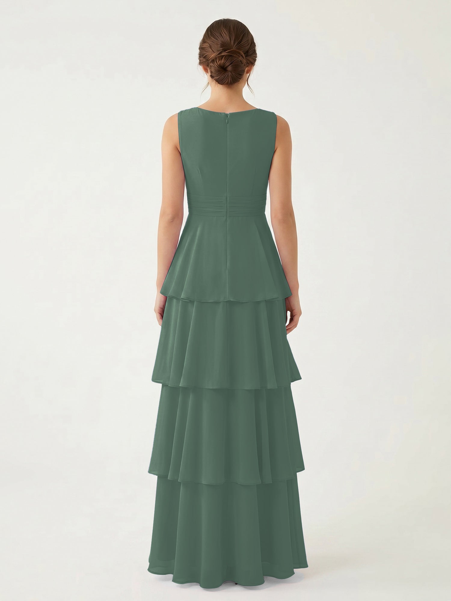 Isabelle Chiffon A-Line Dress in Rust Neckline Eucalyptus 2
