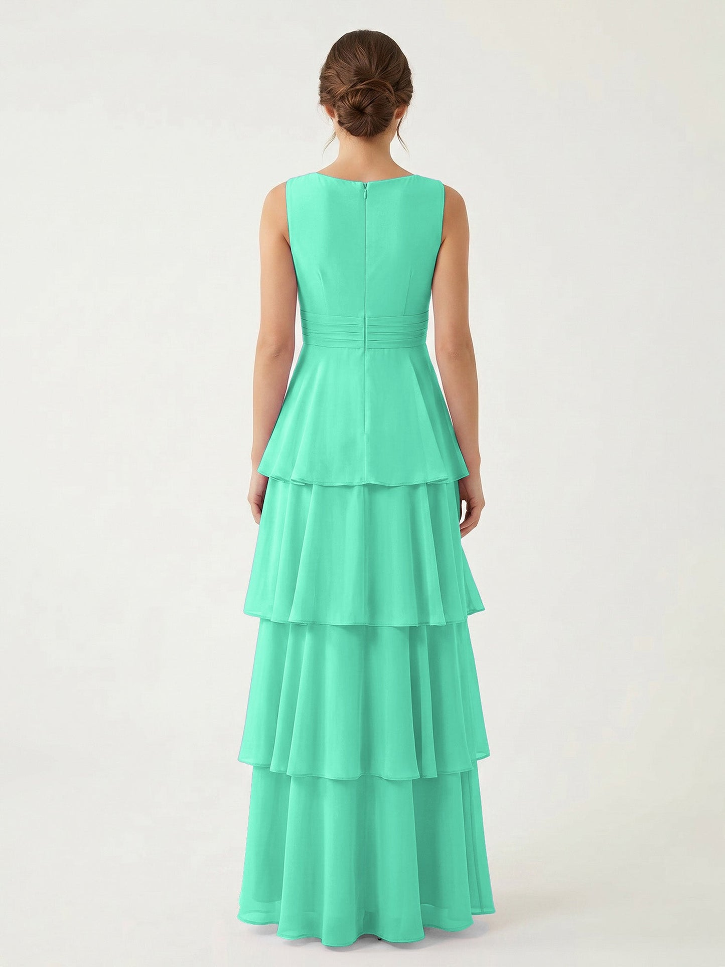 Isabelle Chiffon A-Line Dress in Rust Neckline Turquoise 2