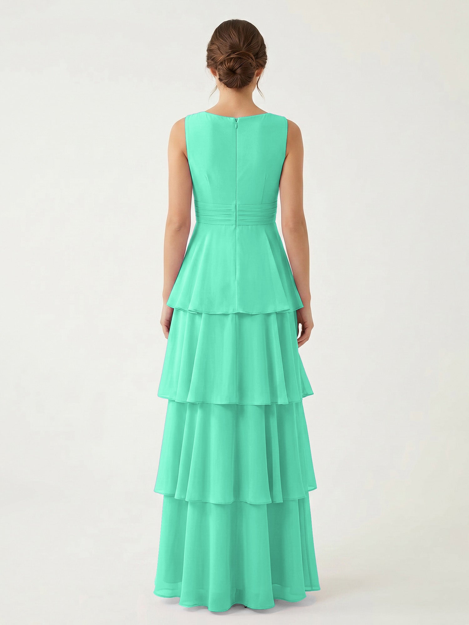 Isabelle Chiffon A-Line Dress in Rust Neckline Turquoise 2
