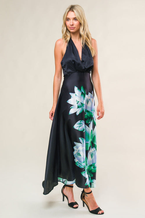 Ophelia Floral Tea-Length Dress Black 1