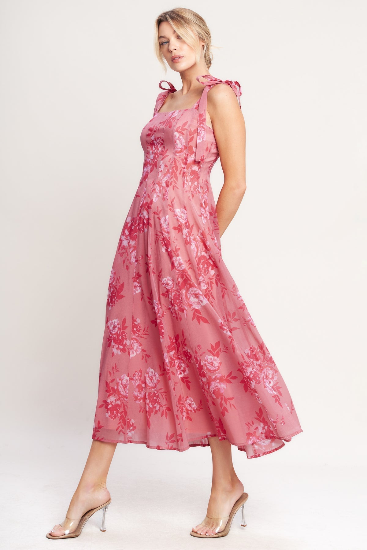 Arabella Square Neck Chiffon Midi Dress Pink 3