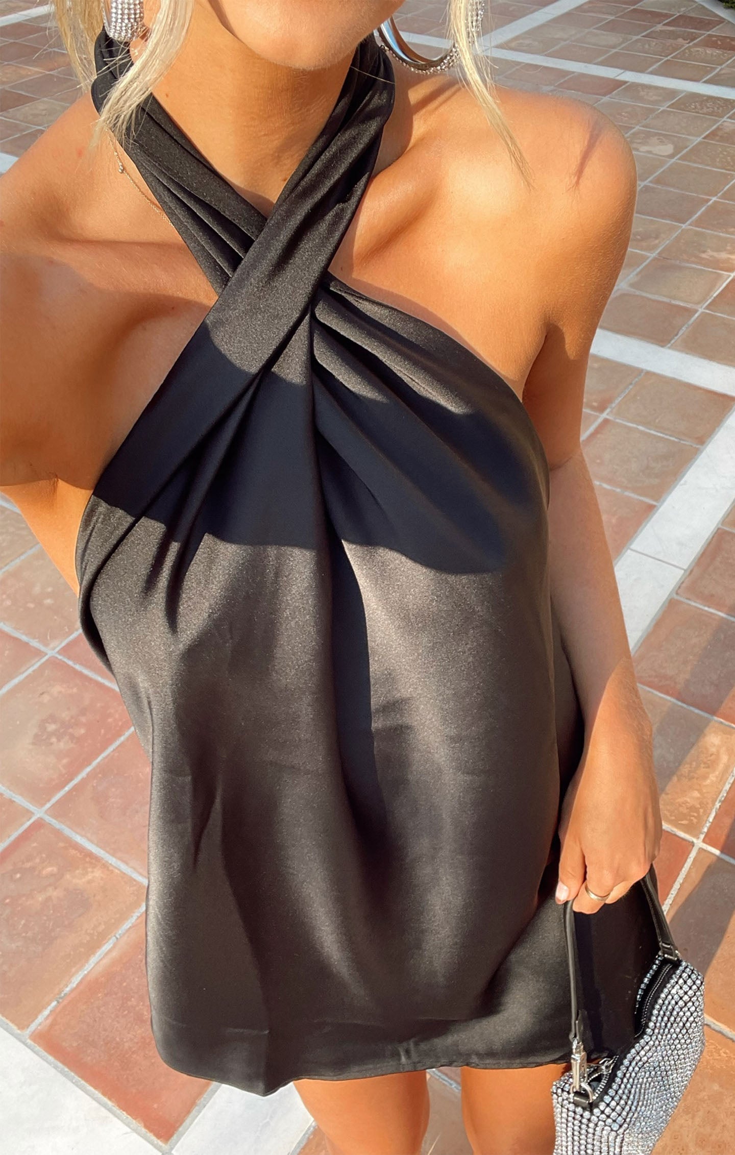 Jasmine Halter Mini Dress in Black Luxe Satin 5