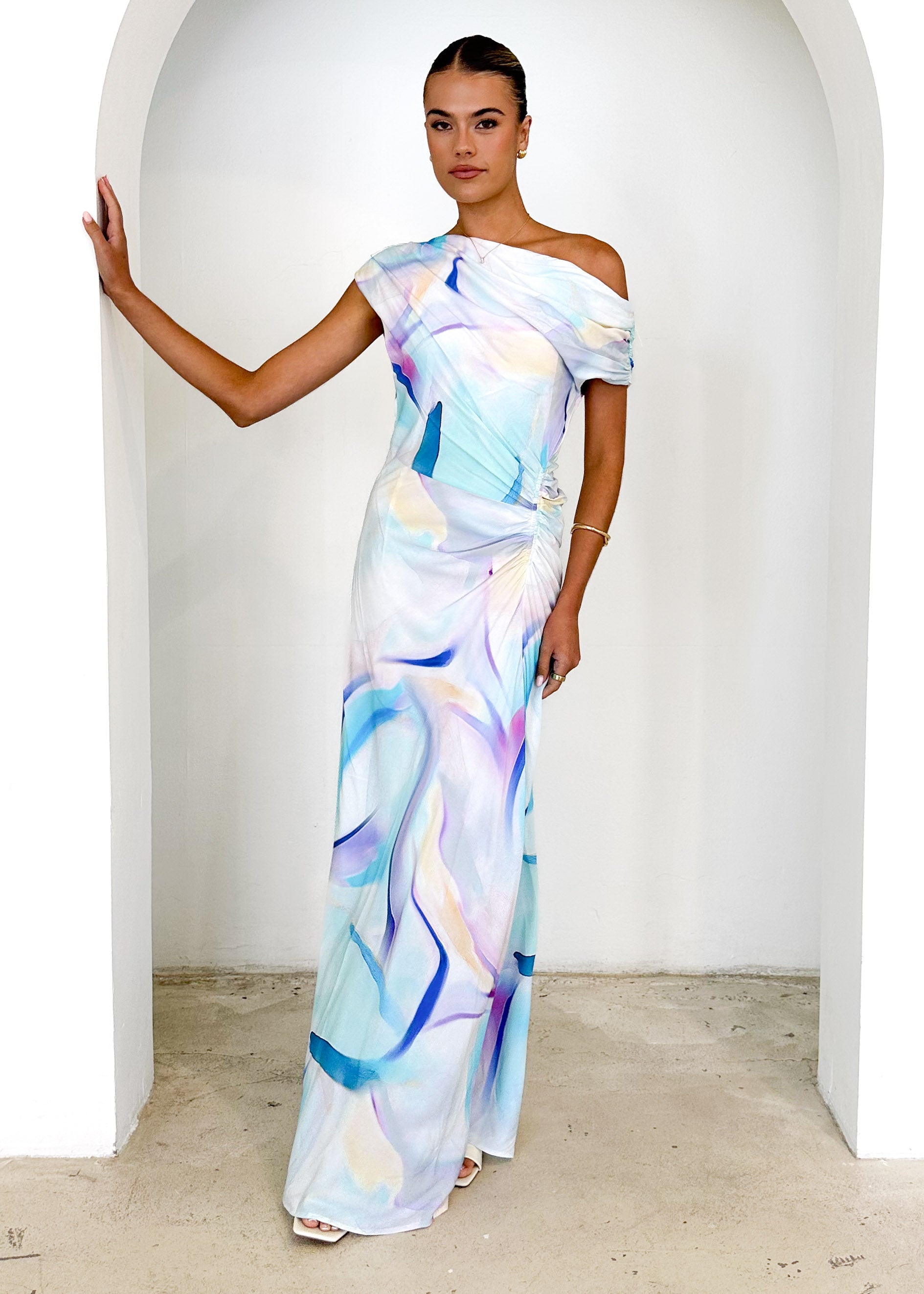 Flirtini One-Shoulder Maxi Dress Blue Swirl 3