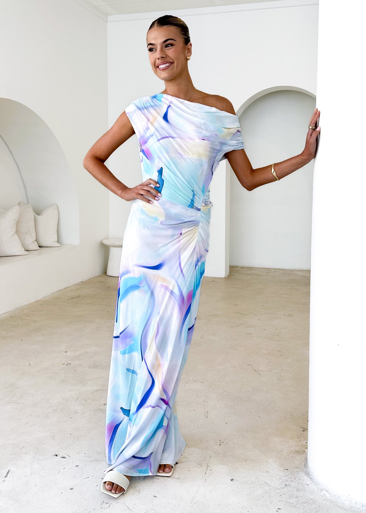 Flirtini One-Shoulder Maxi Dress Blue Swirl 1