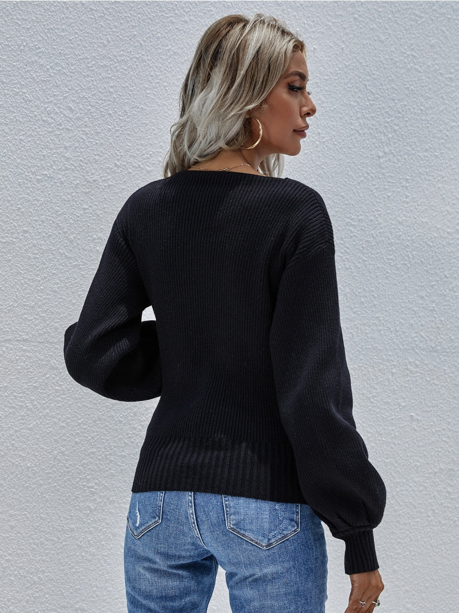 Margot Wrap Knit Top with Lantern Sleeves Black 7