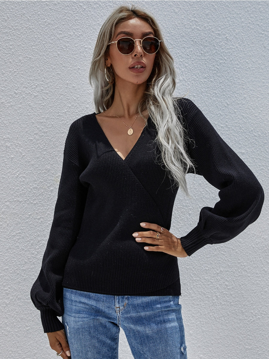 Margot Wrap Knit Top with Lantern Sleeves Black 4