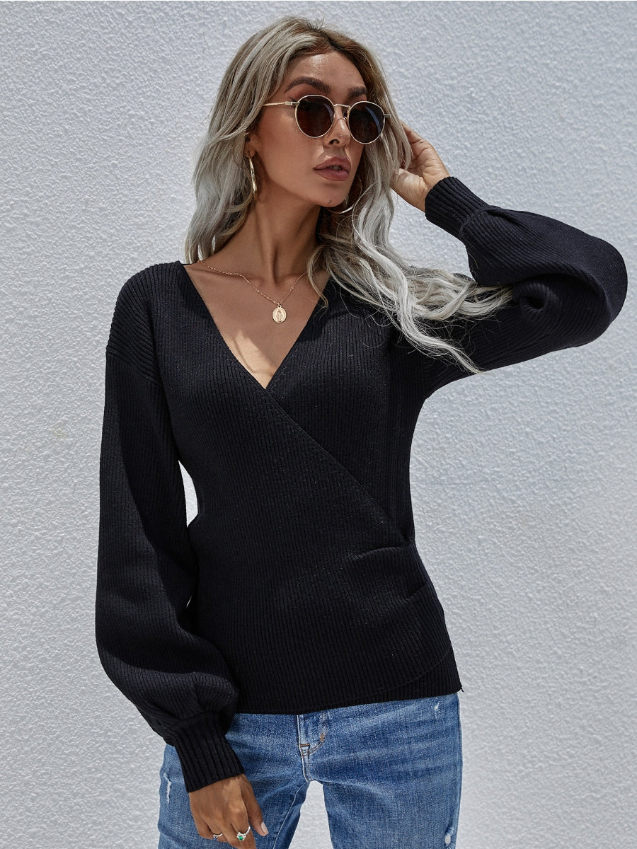 Margot Wrap Knit Top with Lantern Sleeves Black 2