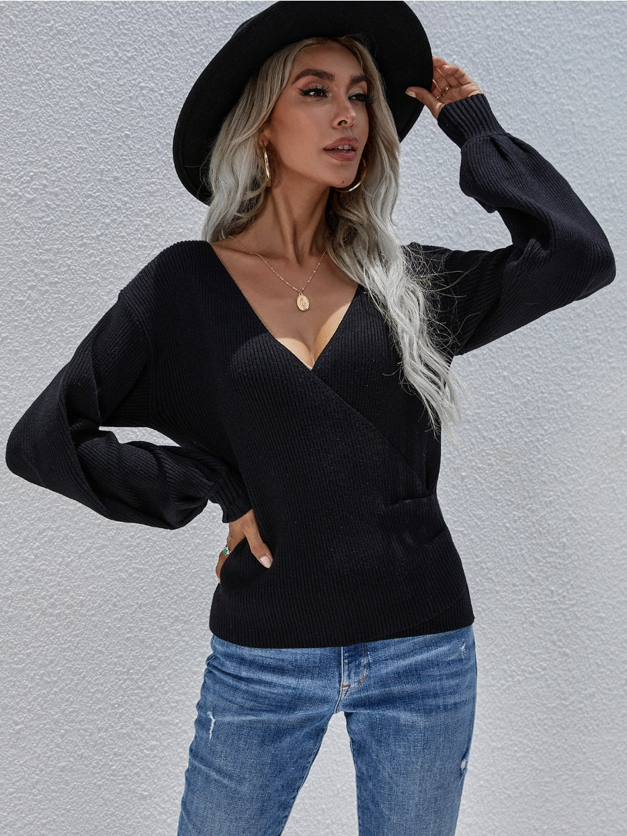 Margot Wrap Knit Top with Lantern Sleeves Black 5
