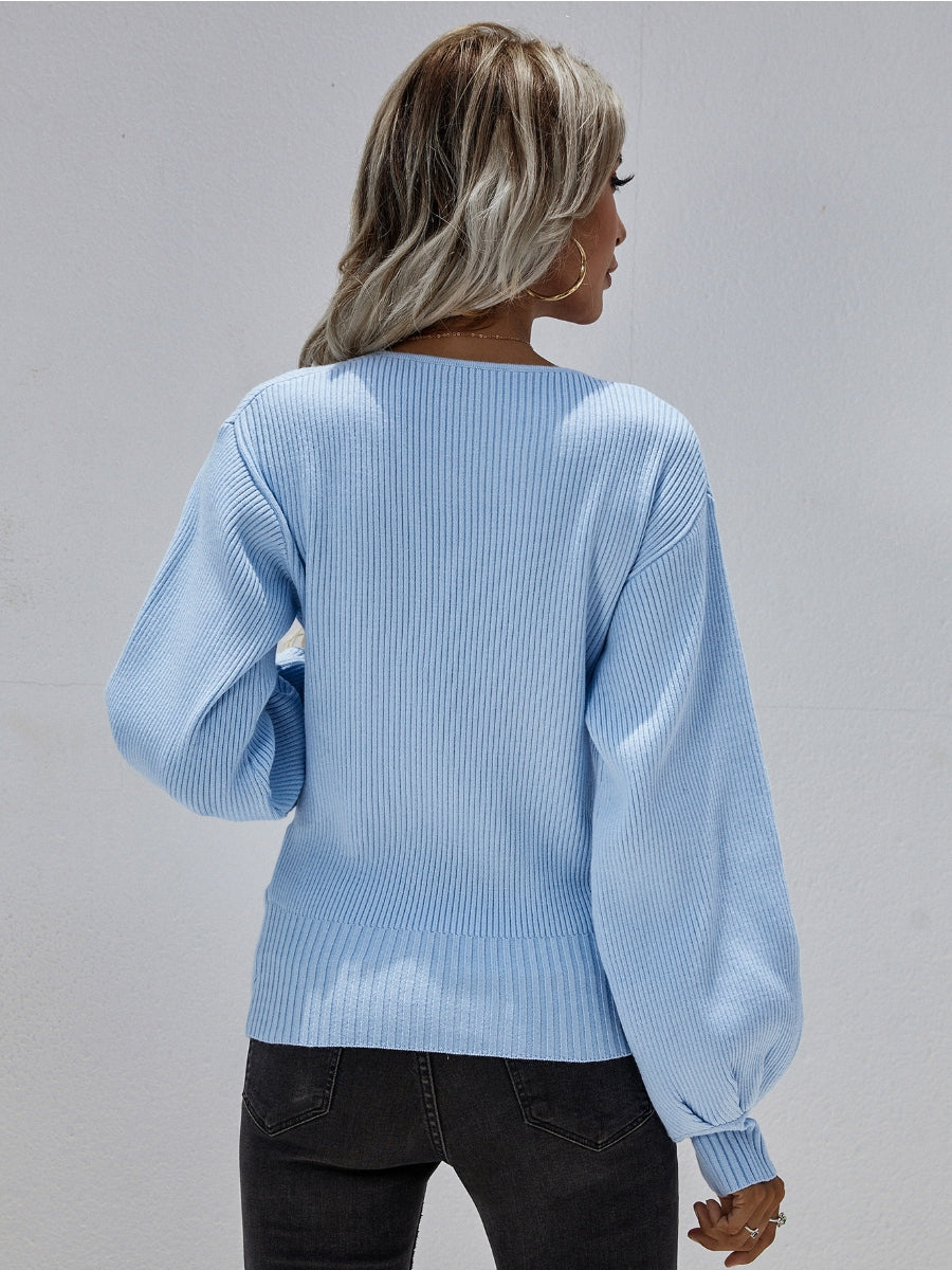 Margot Wrap Knit Top with Lantern Sleeves Blue 6