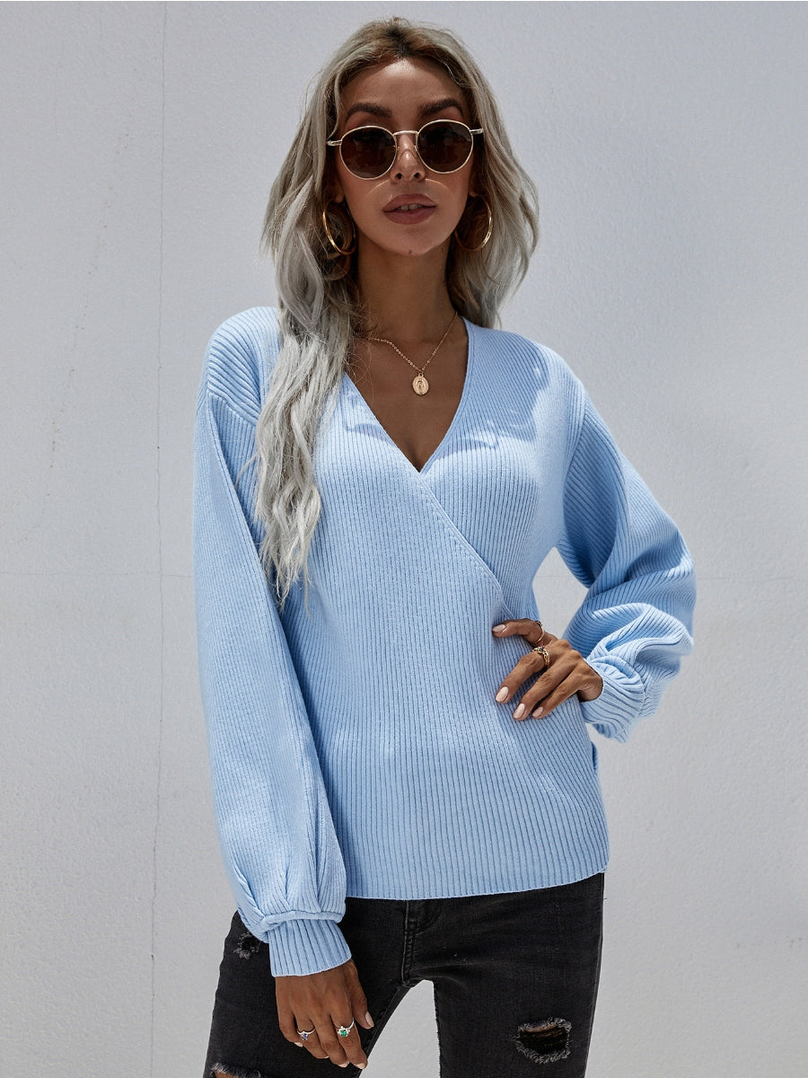 Margot Wrap Knit Top with Lantern Sleeves Blue 3
