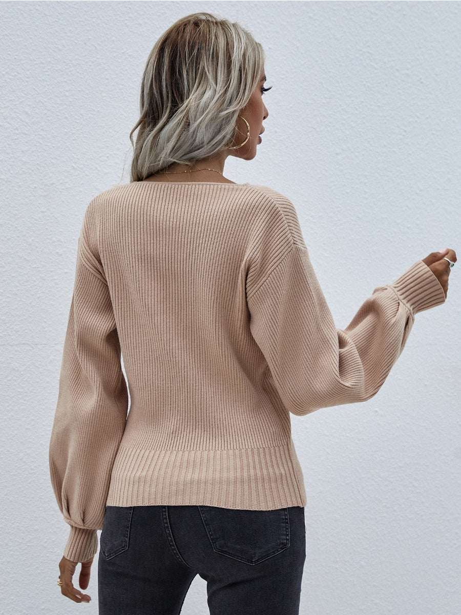 Margot Wrap Knit Top with Lantern Sleeves Beige 6