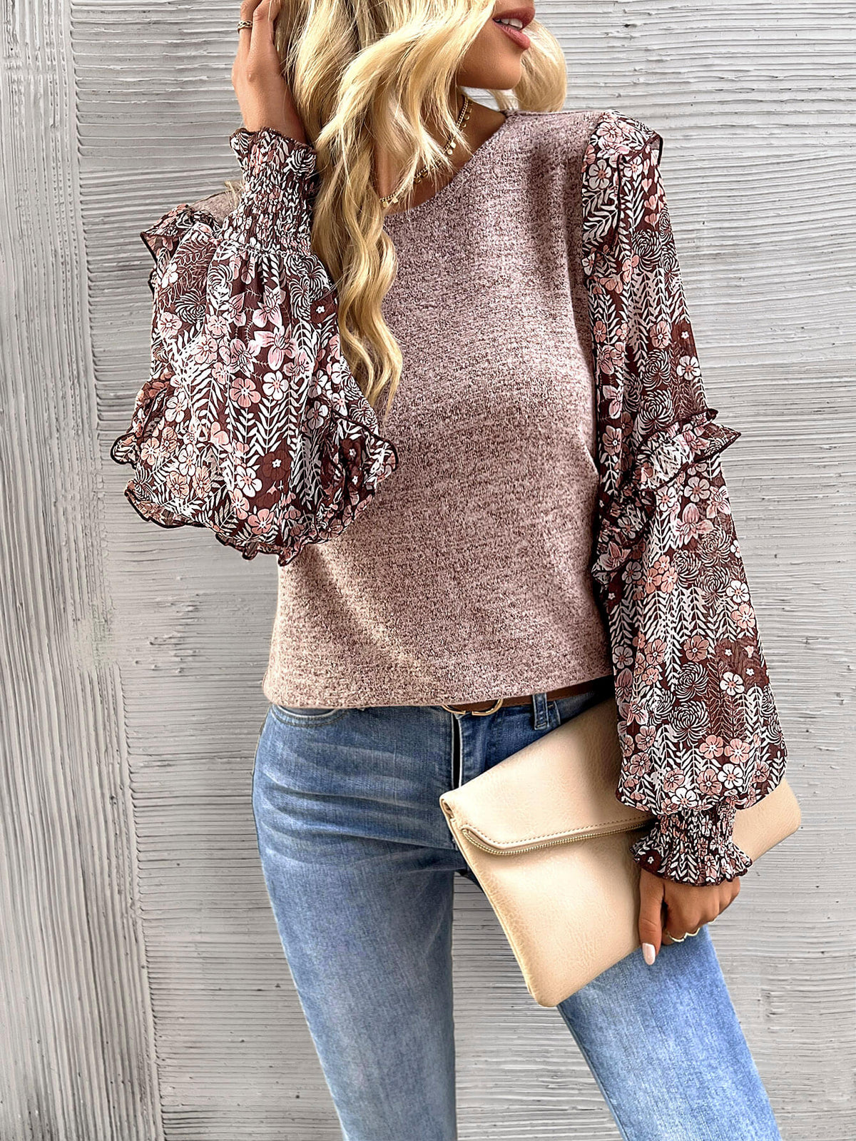 Hairos Floral Contrast Blouse Sweater Beige 2