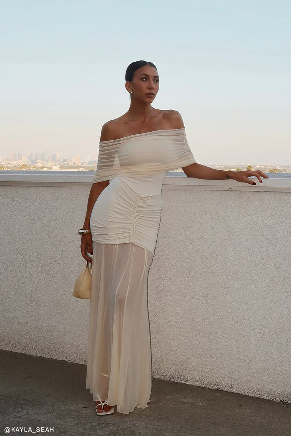 Caspian Slinky Mesh Off-Shoulder Maxi Dress in Pale Blue